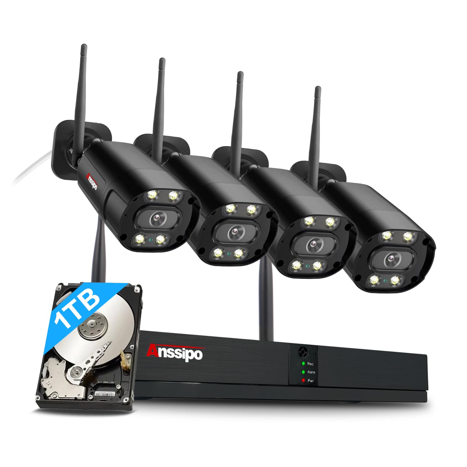 24/7 Continuous Recording 4K WiFi Security Camera System, 5MP Plug-in Home Cameras, 8 Channel NVR with 1TB Hard Drive, 4 Camera Kit, 2 Way Audio, AI Detection, Spotlights Night Vision