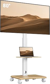 BONTEC Rullbart TV-stativ 32–80 tum, träbas, 60 kg, VESA 600 x 400 mm | Robust träbas med fem 6,3 cm hjul; höjdjusterbar, lutande och svängbar – för vardagsrum, kontor eller konferensrum
