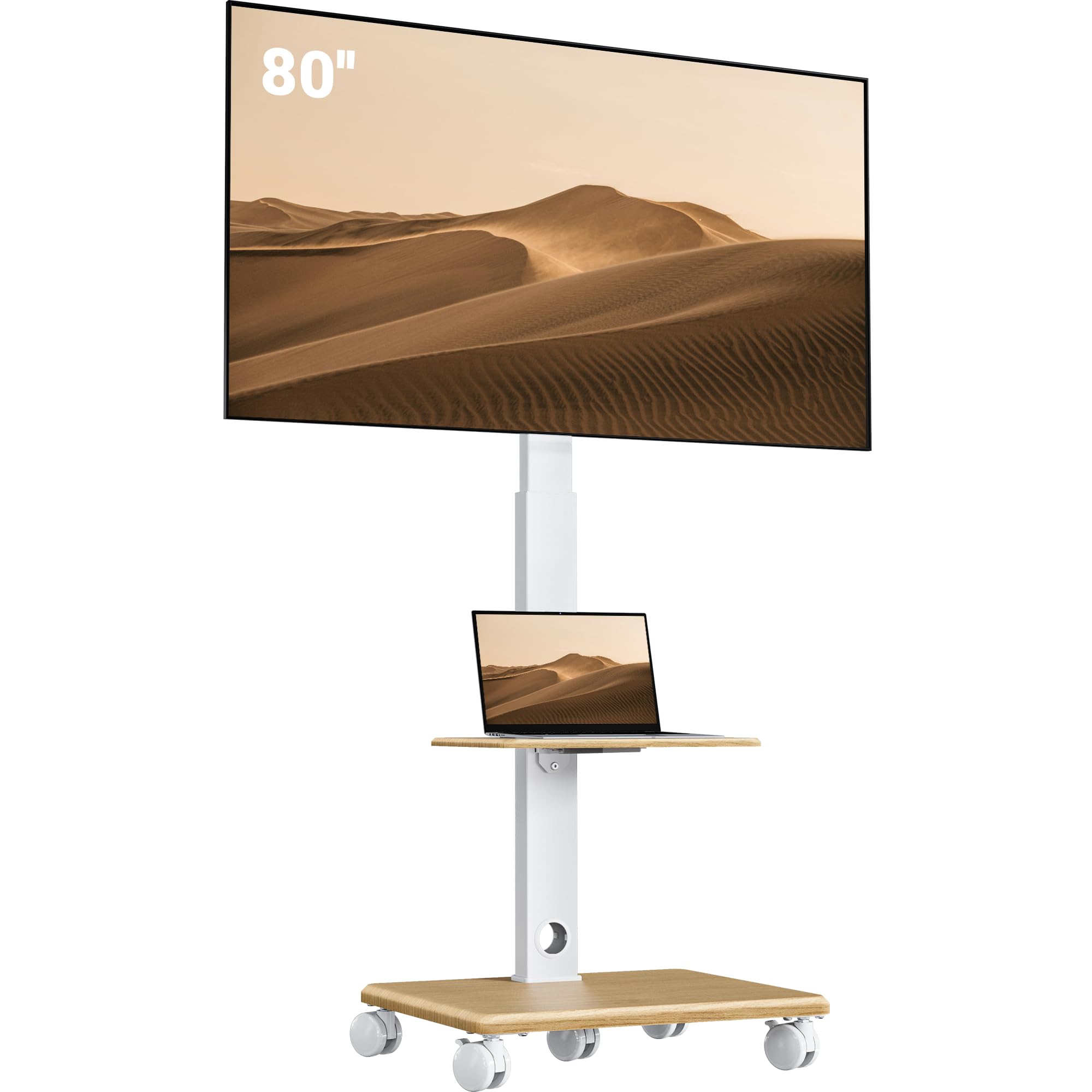 BONTEC Stojak pod telewizor na kółkach do telewizorów 32-80", drewniana podstawa, 60 kg | Wózek telewizyjny na kółkach z pięcioma kółkami 6,3 cm, z regulacją wysokości, pochylony i wychylny, maks. VESA 600 x 400 mm