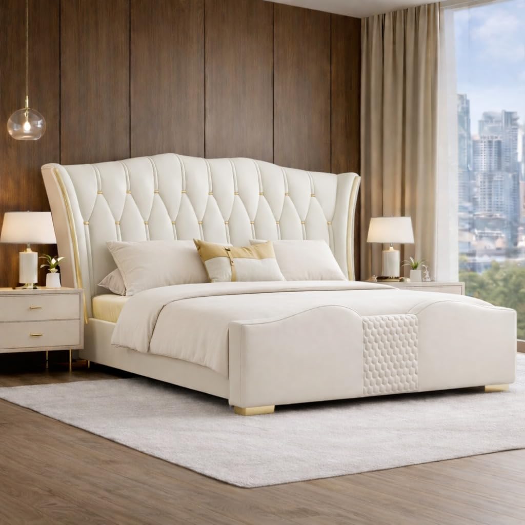 Upholstered King Size Bed with Box Storage for Bedroom | Elegant Wooden Double Bed With Wooden Ply with Storage | Platform Cot Palang with Tufted Headboard | 6.5 x 6 Ft | Sheesham Wood | White-image-38