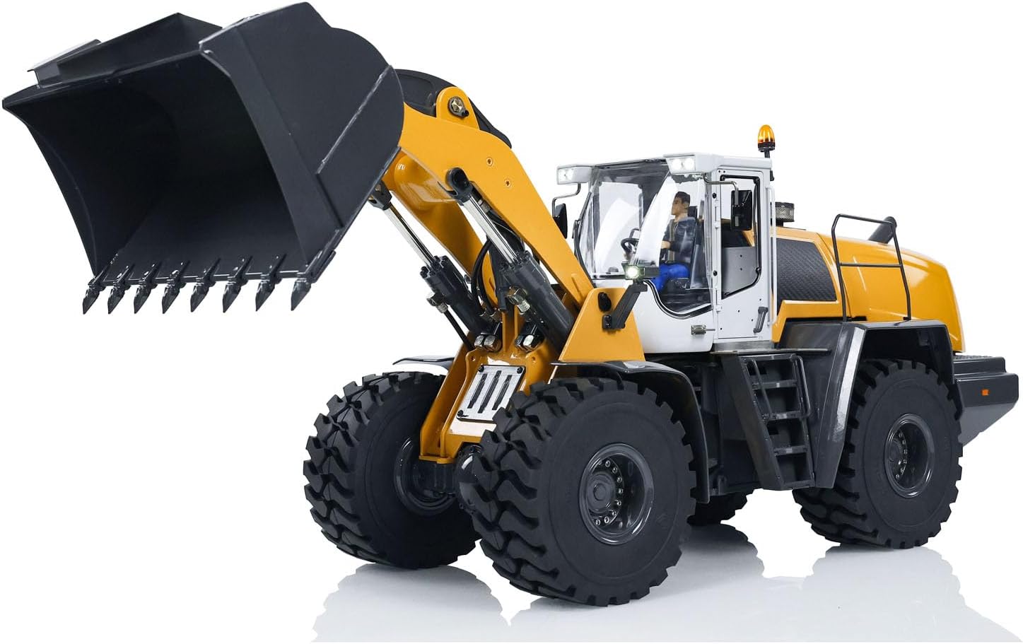 XDRC 1/14 RC Hydraulic Loader for 580 RC Construction Vehicle 4-Way Reversing Valve Sound Light ST8 Radio Controller(Yellow)