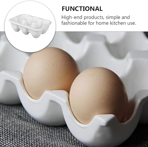 Miniatura 5 de Cabilock Soporte de huevos de cerámica para 6 tazas, media docena, bandeja organizadora de porcelana blanca para refrigerador, contenedor de