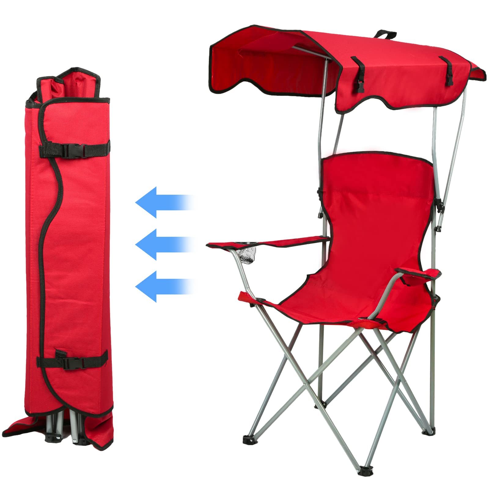 Kedia Chaise de Camping Pliante avec Toit Parasol, Porte-Boisson, Chaise de Pêche pour Camping Pêche Excursion Plage (Rouge)