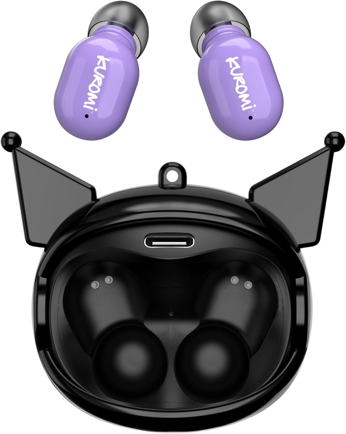 Hello Kitty Kuromi Wireless Bluetooth Earbuds and open charging case.