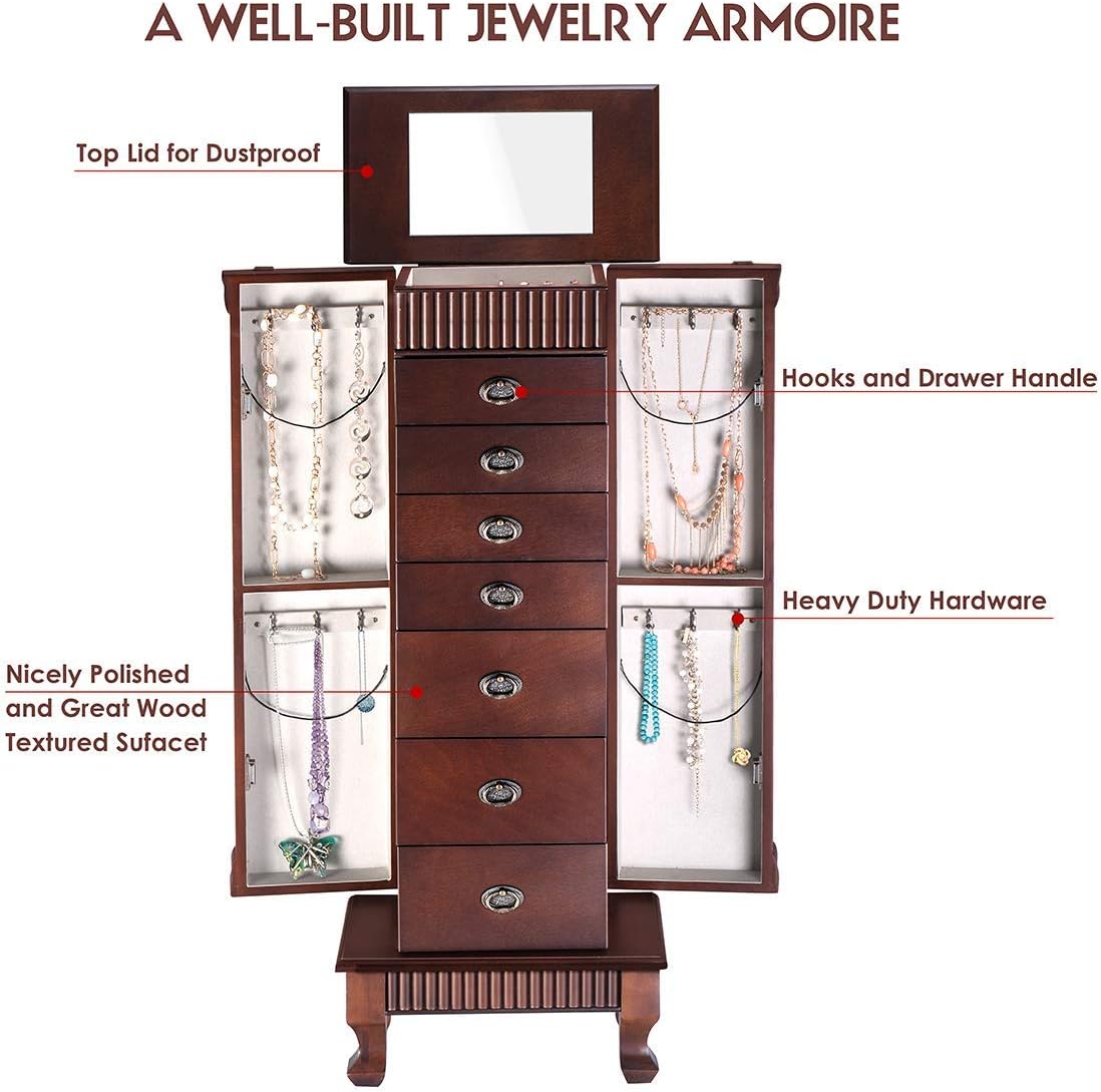 GOFLAME Jewelry Cabinet Armoire Freestanding with Top Mirror, Wooden Jewelry Storage Organizer with 7 Drawers, 2 Side Doors, 12 Necklace Hooks, Large Capacity Jewelry Armoire Walnut