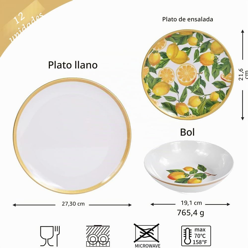 Vajilla de melamina de 12 piezas para 4 personas, diseño de limón, sin BPA, para interior y exterior
