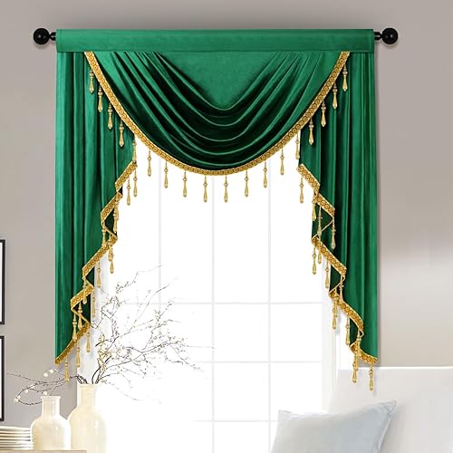 ELKCA Cenefas de cortina de terciopelo verde oscuro de lujo para sala de estar con cuentas (39 pulgadas, 1 panel)