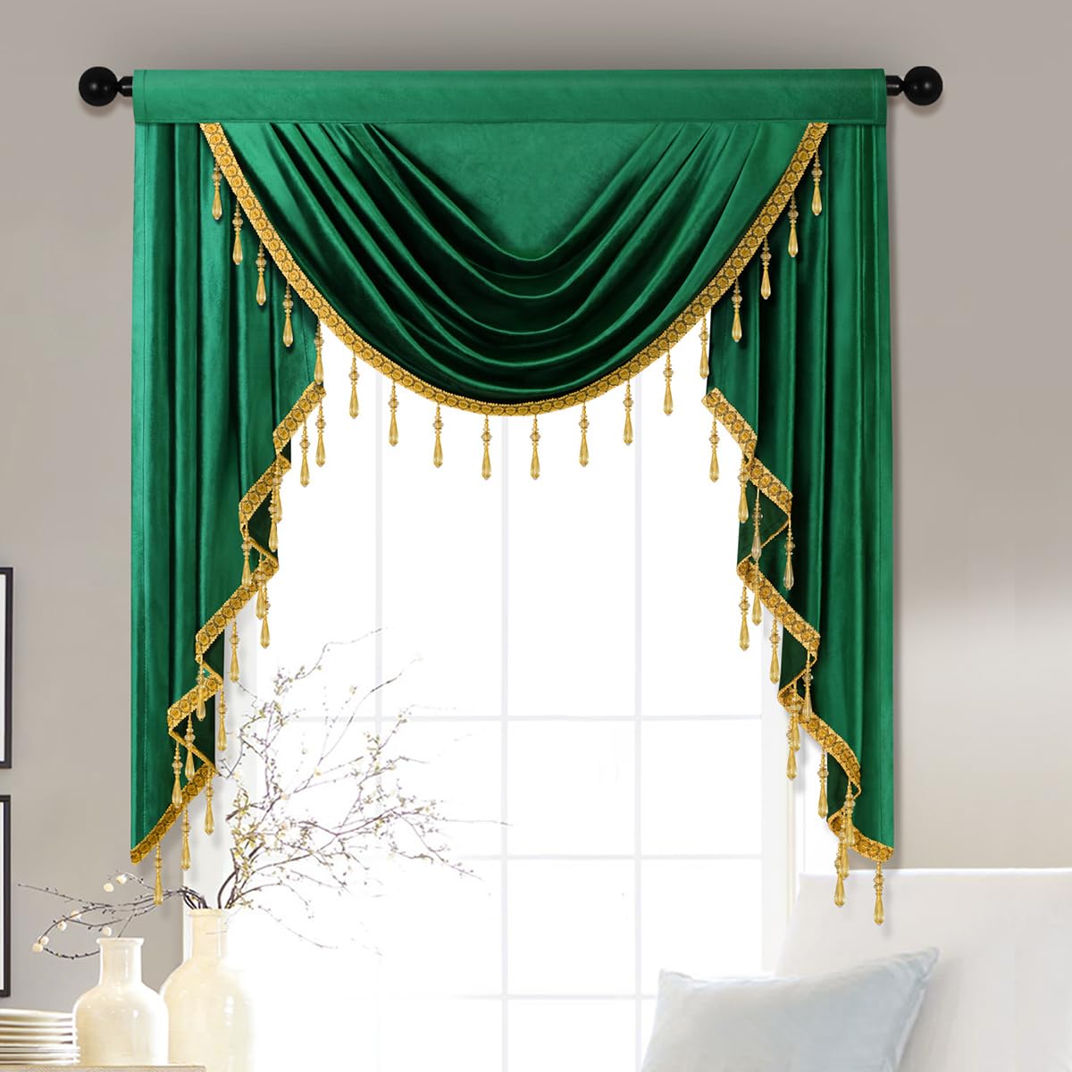 ELKCA Luxury Dark Green Velvet Curtain Valances for Living Room with Beads(39inch,1 Panel)