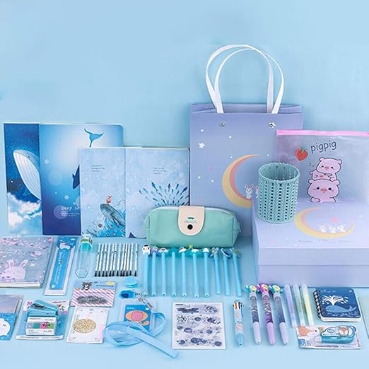 Amazon Co Jp 文房具セットの組み合わせキット かわいい学校ギフトパッケージギフトボックスペンポケット 学校のオフィスの大学生の女の子の男の子の大人のティーン ピンク 54パック ブルー 文房具 オフィス用品