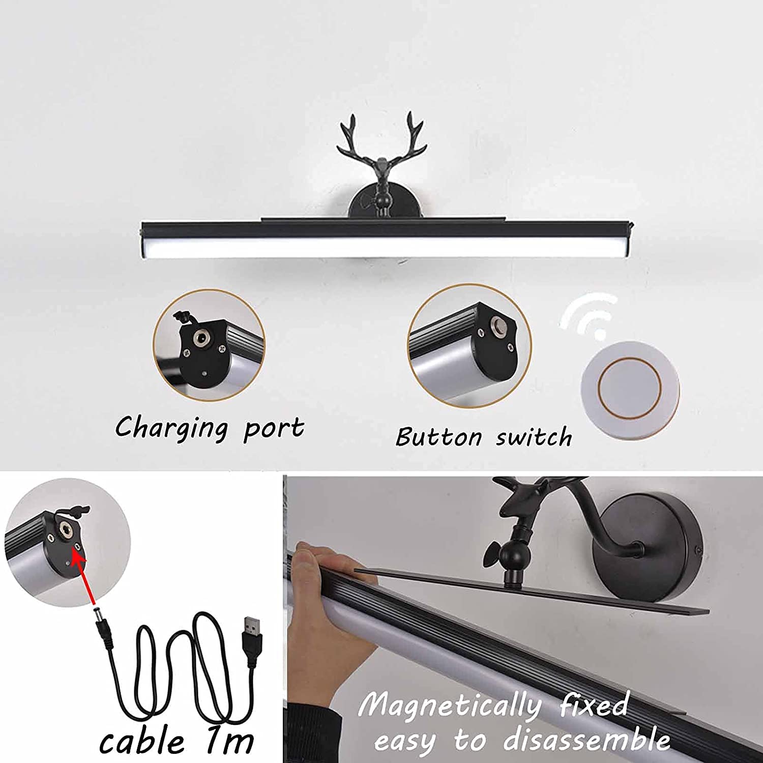 Vintage Badezimmer-Spiegelleuchte mit Fernbedienung, LED-Spiegelschrank-Licht, wiederaufladbar, Retro-Geweih, Wandleuchte mit Schalter, drehbar, wasserdicht, Fledermaus, 45 cm, 12 W