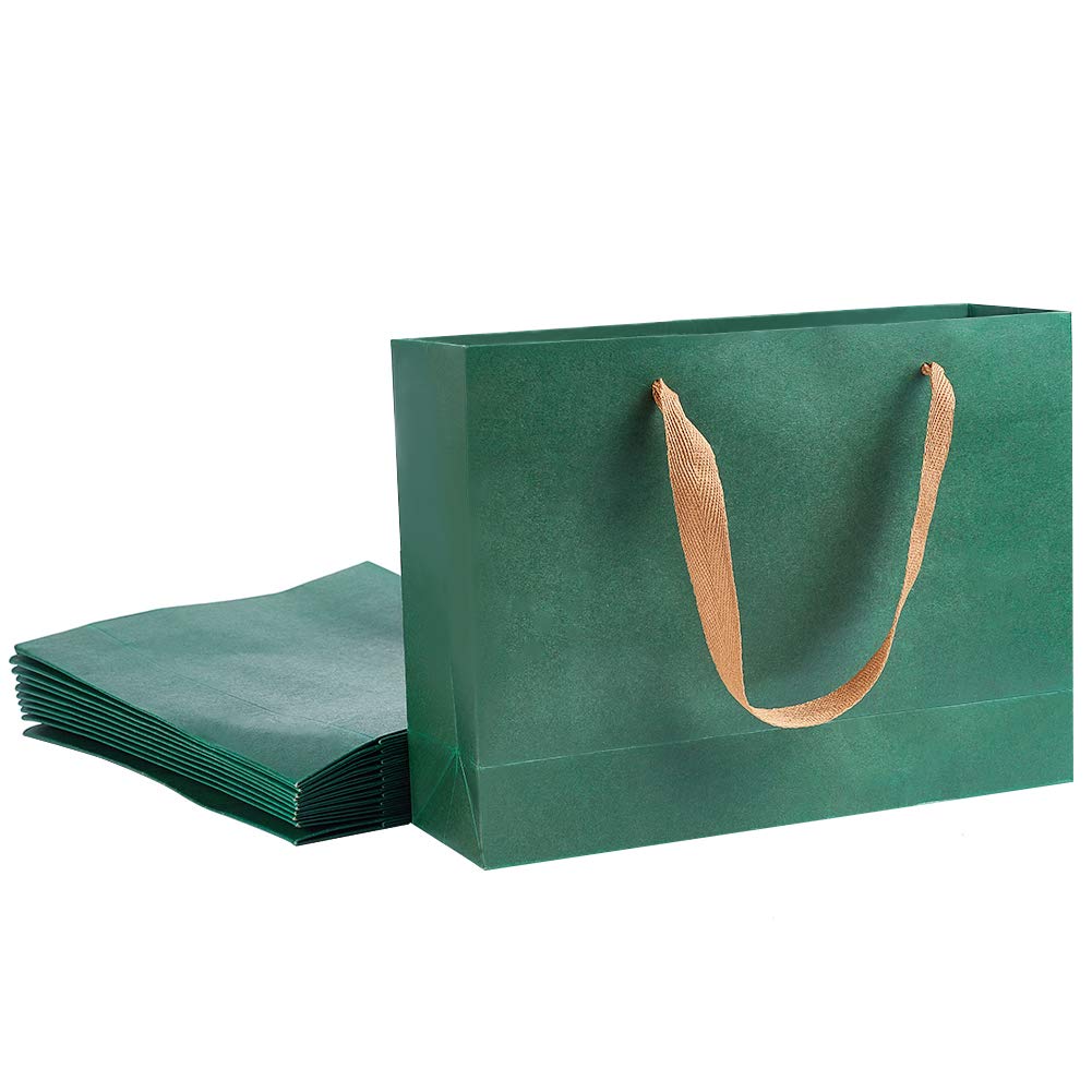 PH PandaHall 10pcs Kraft Paper Bags, Green Gift Bags Retail Bags Merchandise Bag with Handle for Gifts, Party, Baby Shower, Birthday, Weddings and Holidays, 27x20x3cm