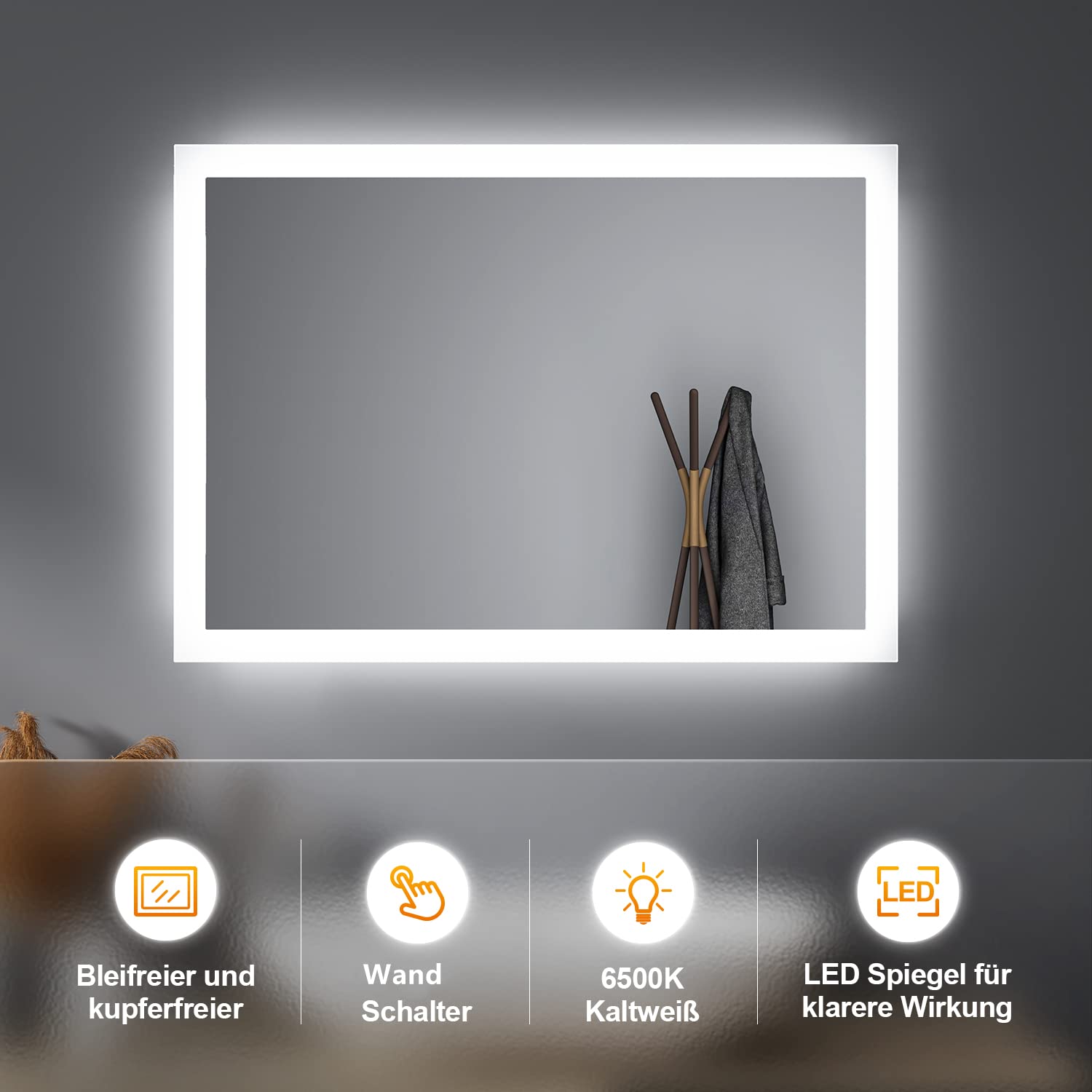LED Badspiegel Mit Beleuchtung, 40x60 Cm, 3 Lichtfarben, Antibeschlag & Digitaluhr