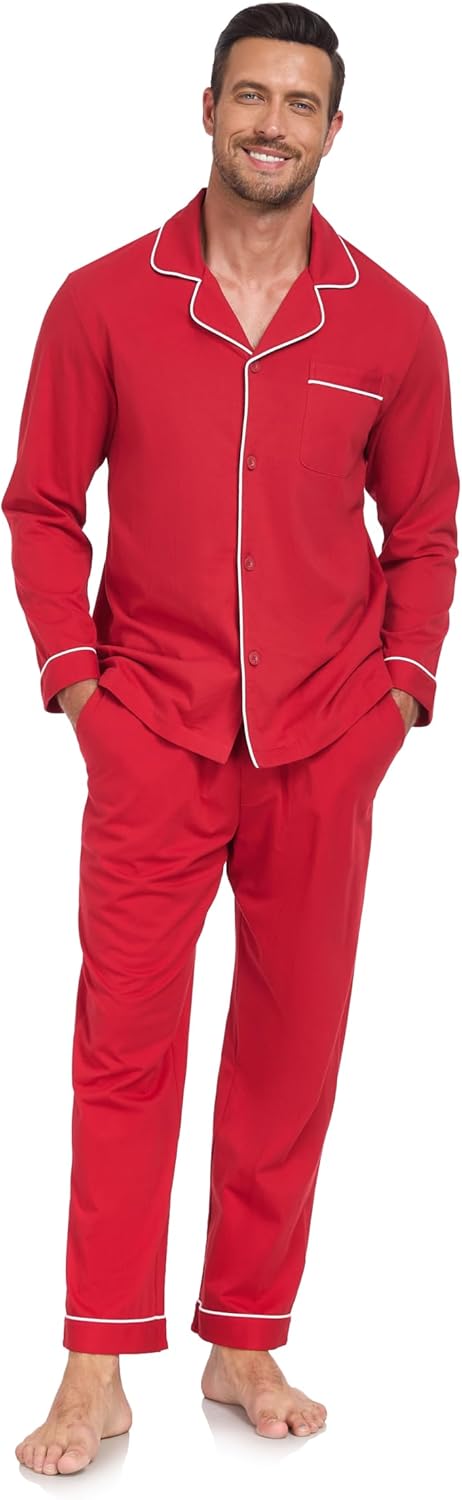 COLORFULLEAF Men's 100% Cotton Pajama Sets Breathable Long Sleeve Pjs Mens Cotton Sleepwear With Pockets - Image 7