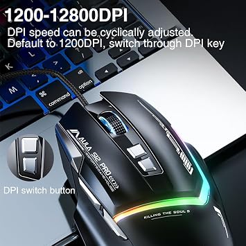 AULA S12Pro Gaming Mouse Wired,6 Adjustable DPI 12800,Ergonomic RGB Backlight Computer Mouse,Programmable PC Mouse with Side Buttons,Gaming Mice for Laptop Mac Gamer (White)
