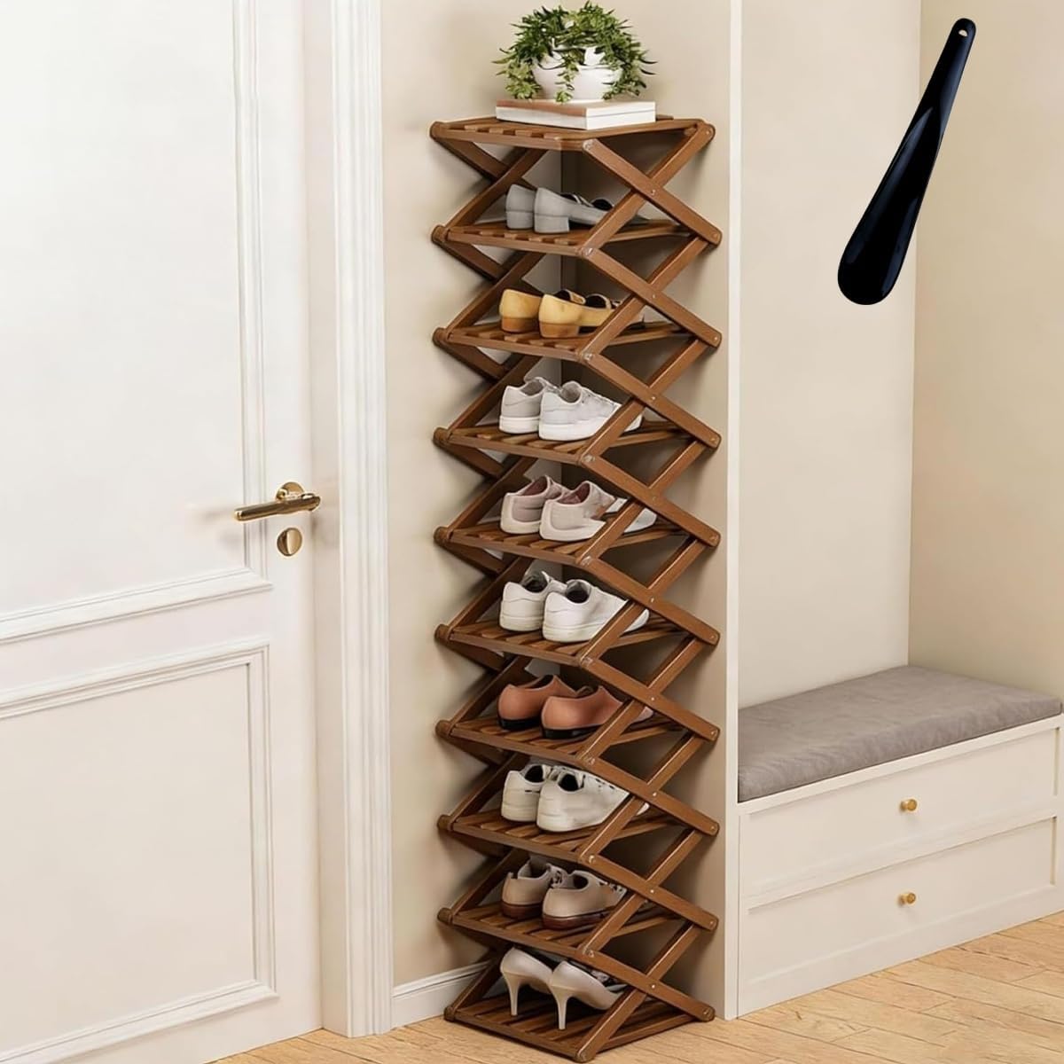 The 9-Tier No-Assembly Bamboo Rack - 2/3/4/5/6/7/8/9/10 Accordion Bamboo Shoe Storage Rack, No Assembly Narrow Shoe Shelf for Entryway Closet Dorm (Brown, 10 Tier)