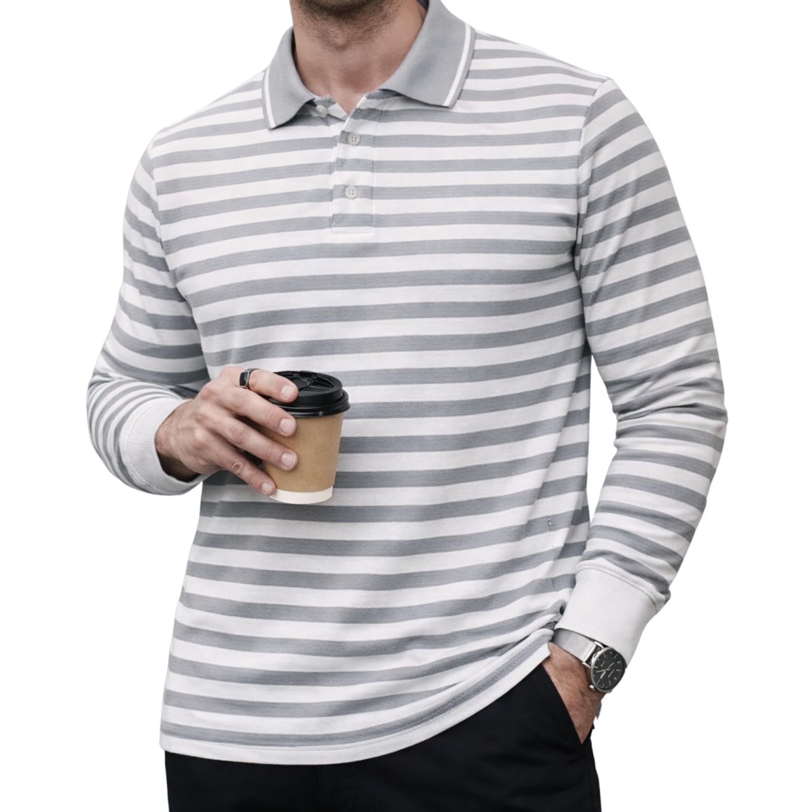 Men’s Premium Striped Polo T-Shirt | Long Sleeve Cotton Blend | Casual & Smart Wear-M6721-image-21
