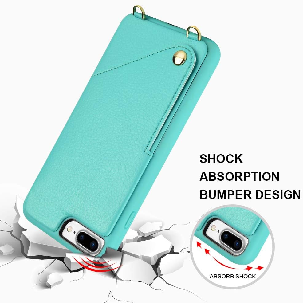 iPhone 8 Plus Wallet Case, JLFCH iPhone 7 Plus Card Slot Holder Case with Detachable Crossbody Chain Purse Back Protection Cover for Apple iPhone 7/8 Plus 5.5 inch - Mint Blue