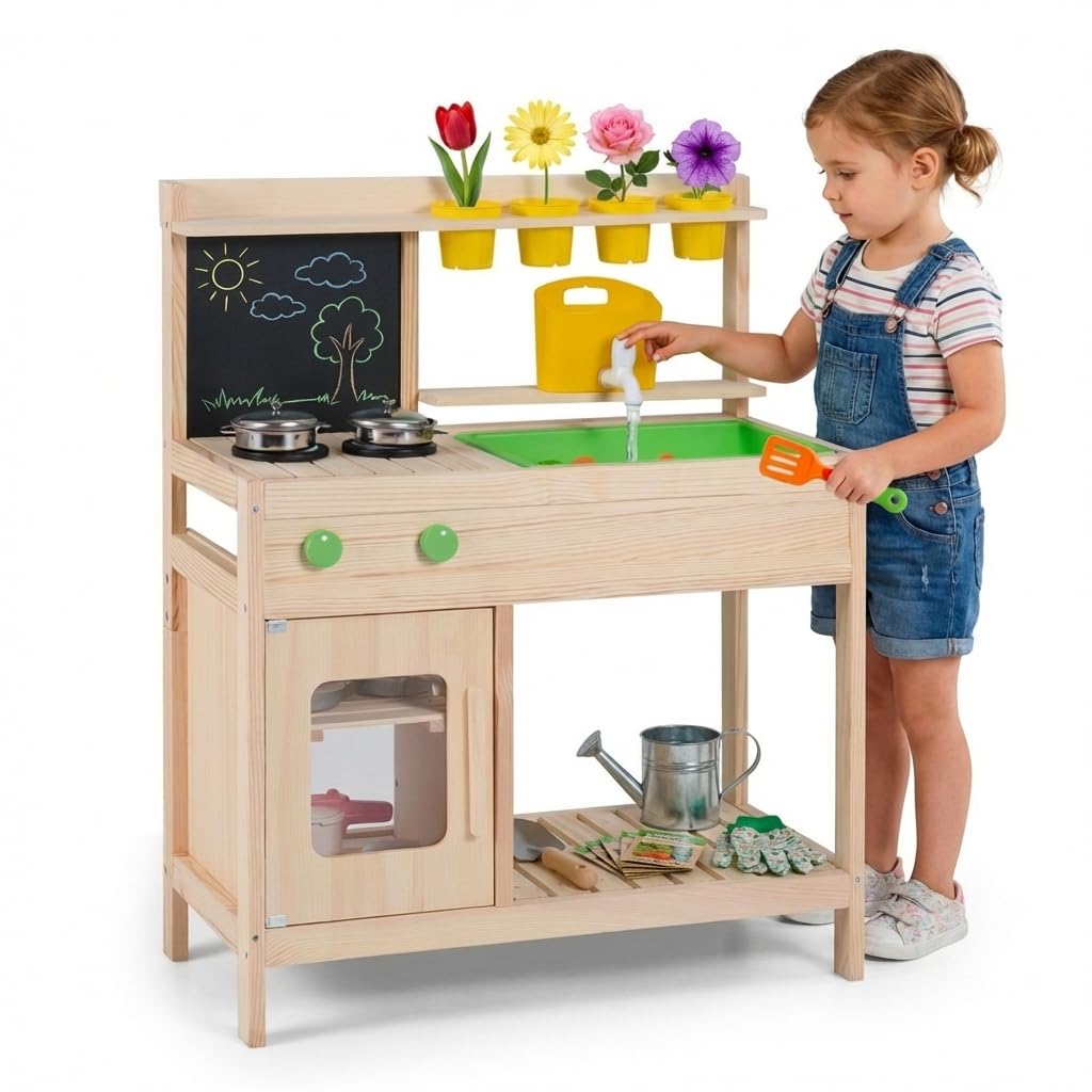HOMASIS Cuisine Extérieure Enfant, Cuisine de Boue en Bois avec 4 Pots de Fleurs, Tableau Noir, Réservoir d'eau, Évier, Robinet, Placard, Étagère de Rangement, Jouet de Simulation pour 3 Ans+