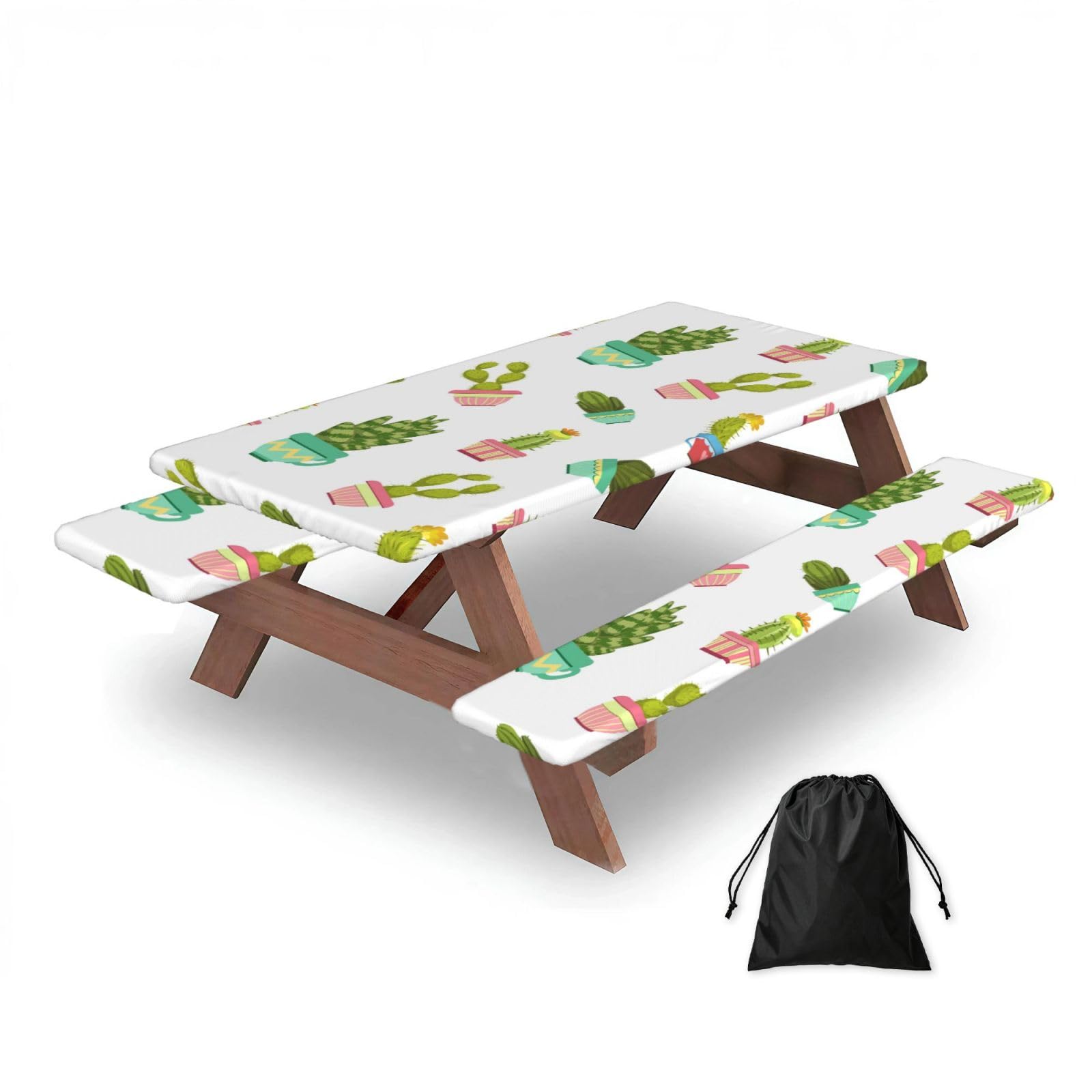 Dopklna As Picture Cactuses Succulents In Flower Pots, Picnic Table Cover With Bench Covers -Waterproof Elastic Fitted Tablecloth For Garden Camping Patio 76X152cm