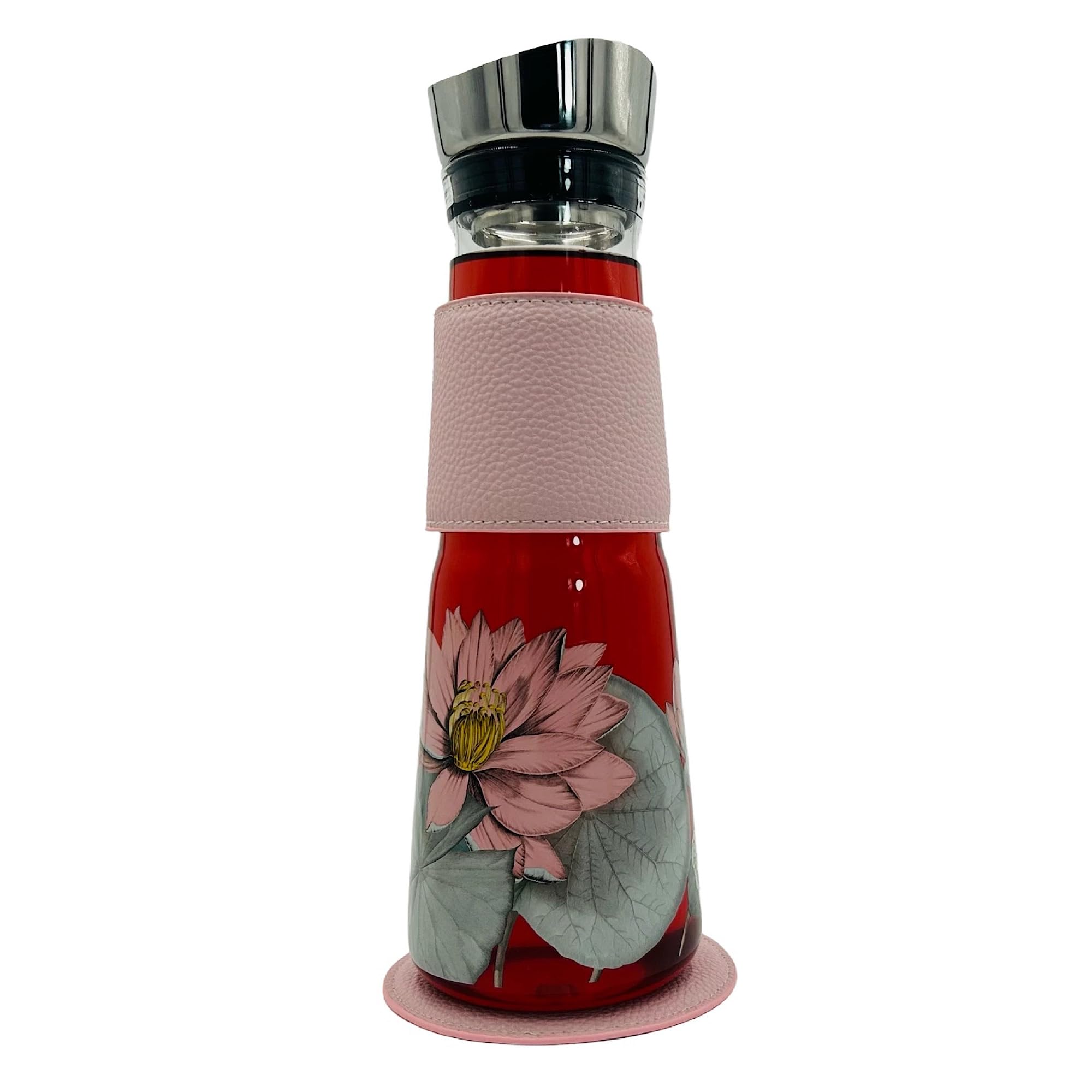 Jarra EVE Padma Rosa – con colador de acero inoxidable extraíble, manguito de piel sintética y platillo – Cristal de borosilicato neutro y resistente a la temperatura – Capacidad de 1,25 L