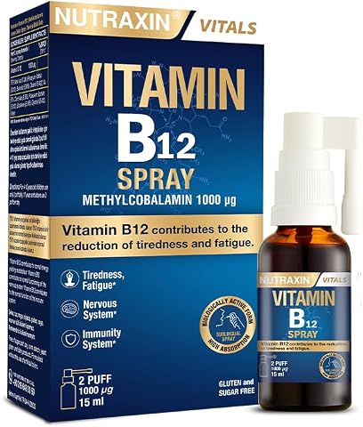 Nutraxin Vitamin B12 Sprey 1000 µg Metilkobalamin, Yüksek Emilim, Vegan Uyumlu, Ağız Yoluyla Takviye Edici Gıda, 15 ml