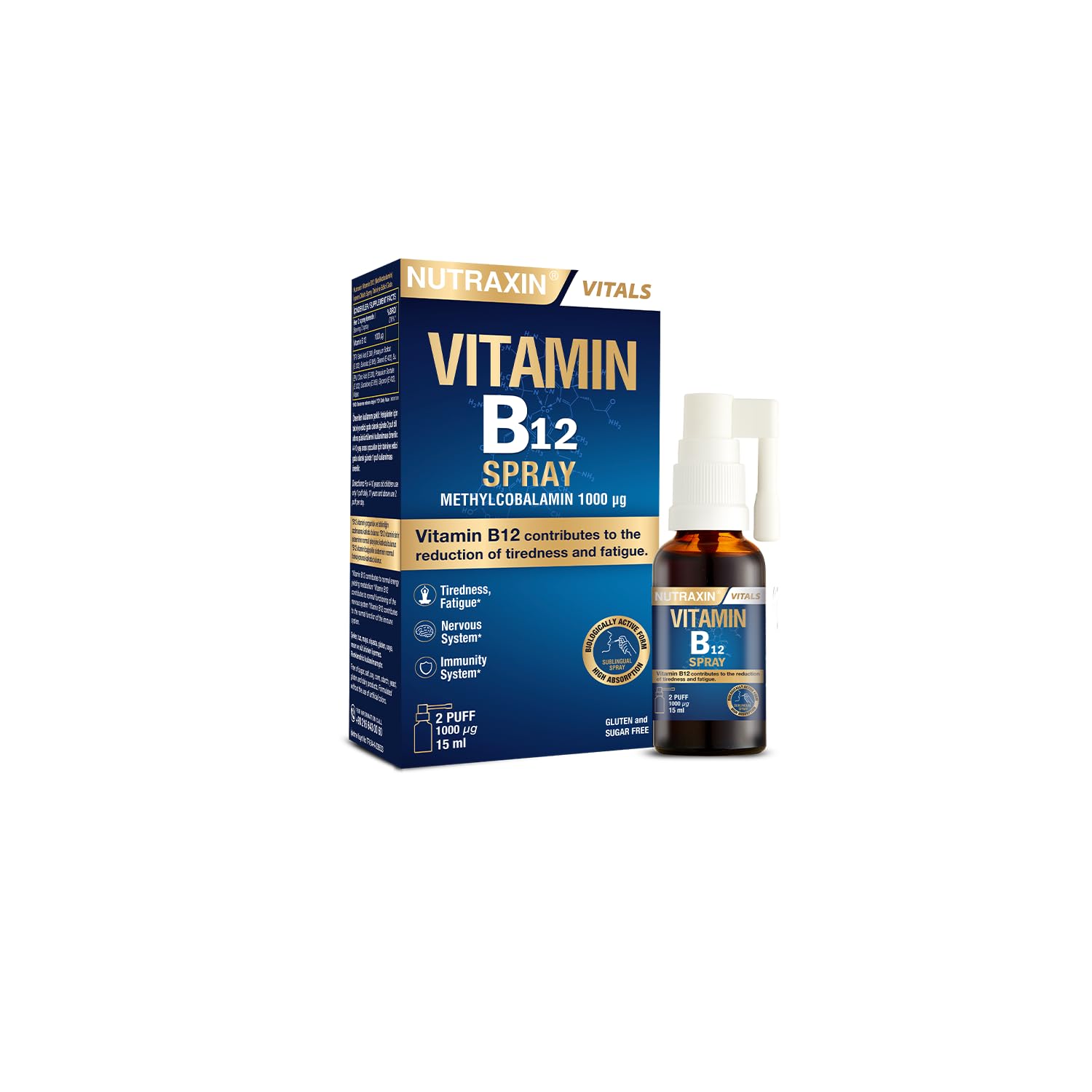 Nutraxin Vitamin B12 Sprey 1000 µg Metilkobalamin, Yüksek Emilim, Vegan Uyumlu, Ağız Yoluyla Takviye Edici Gıda, 15 ml