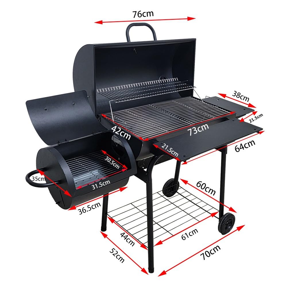 Barbecue a carbonella, XXL, a carbone, per barbecue, affumicatore, barbecue a carbone, in acciaio con ruote, termometro, tubo del forno, griglia rimovibile, 147 x 70 x 126 cm, per oltre 10 persone