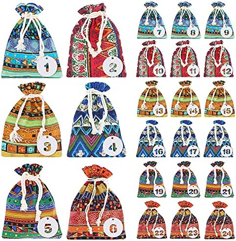 LZYMSZ 24PCS Drawstring Gift Bag, Drawstring Pouch Ethnic Style Jewelry Coin Pouches, Burlap Reusable Sachet Grocery Bags with 24 Lables for Christmas, Candy, Snacks,Party (10 * 15)