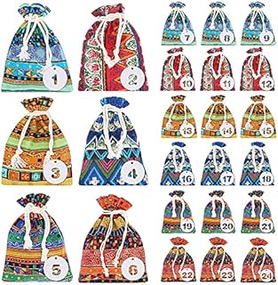 LZYMSZ 24PCS Drawstring Gift Bag, Drawstring Pouch Ethnic Style Jewelry Coin Pouches, Burlap Reusable Sachet Grocery Bags with 24 Lables for Christmas, Candy, Snacks,Party (10 * 15)
