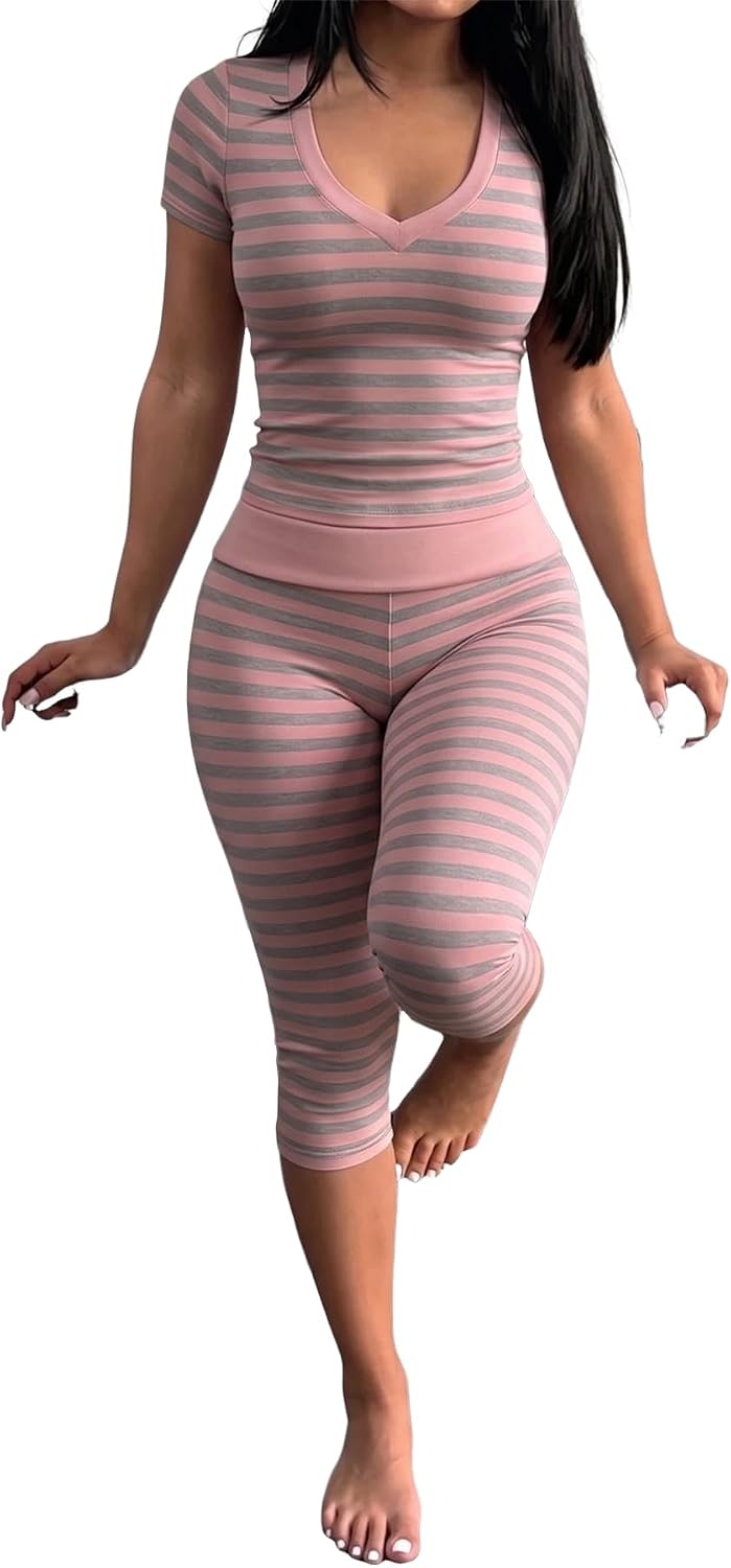 Striped Two Piece Loungewear Set Crew Neck Slim Crop Top