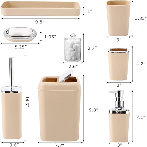 Miniatura 6 de Juego de accesorios de baño beige de 9 piezas, juego de baño de plástico con basura, dispensador de jabón, soporte para cepillos de dientes, taza