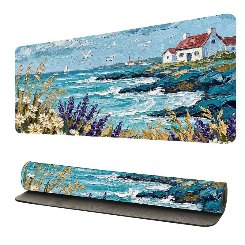 Tapis de souris élégant en cuir PU Coastal Impasto 70x35cm pour bureau