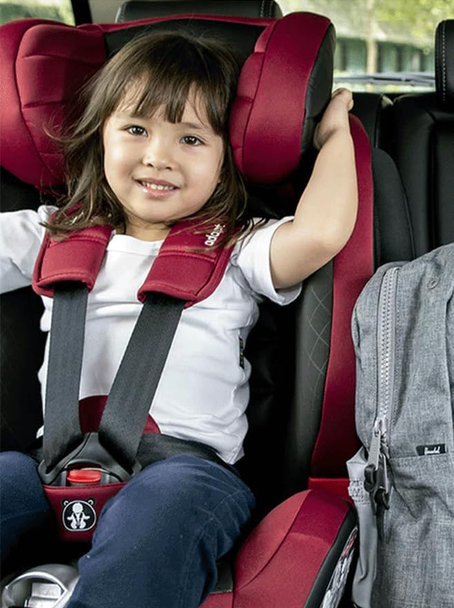 Child secured in booster seat with 3-point vehicle seat belt