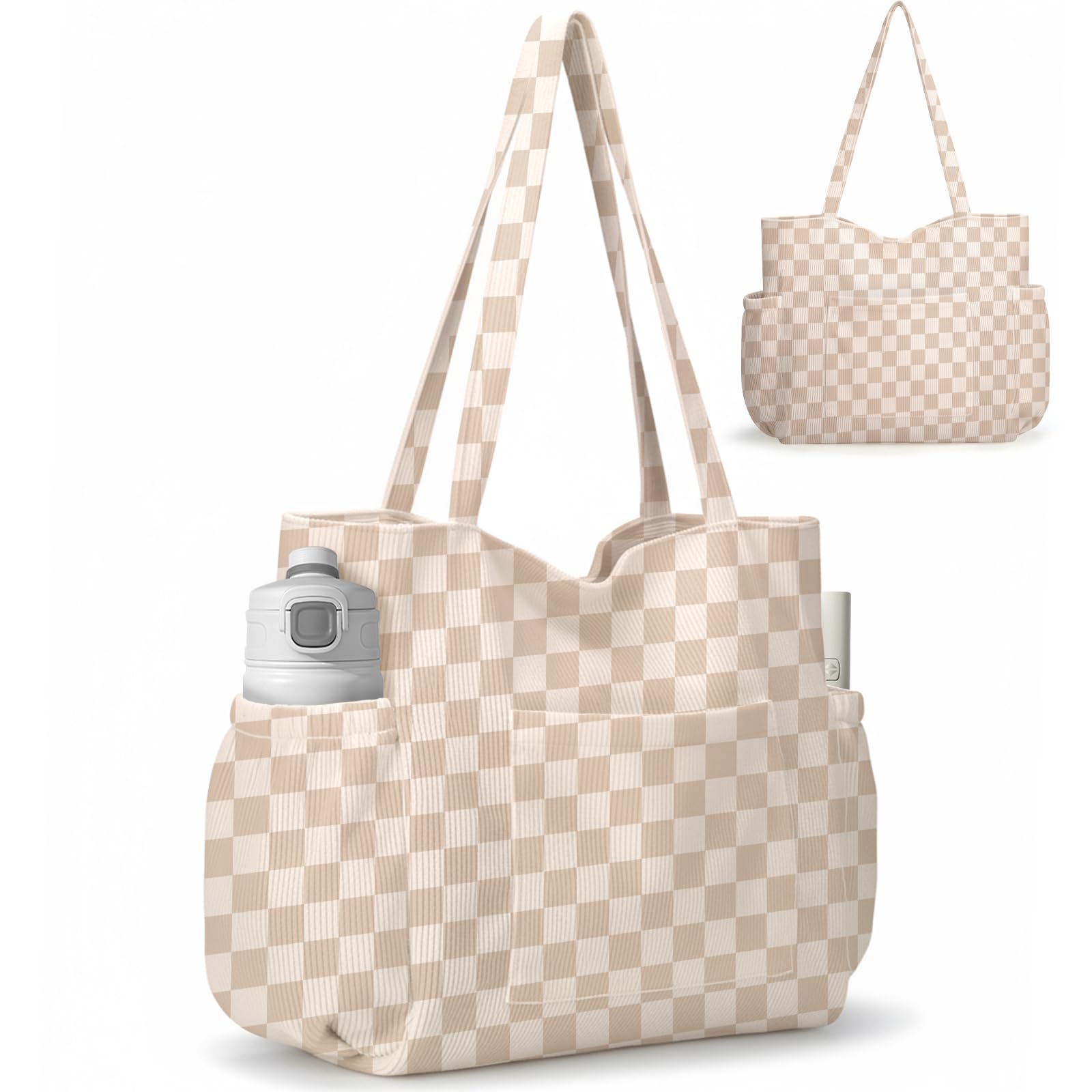 Corduroy Tote Bag for Women,Large Capacity Cute Tote Bags With 6 Pockets,Crossbody Shoulder Handbag for Work Travel Gym Khaki Grid-a
