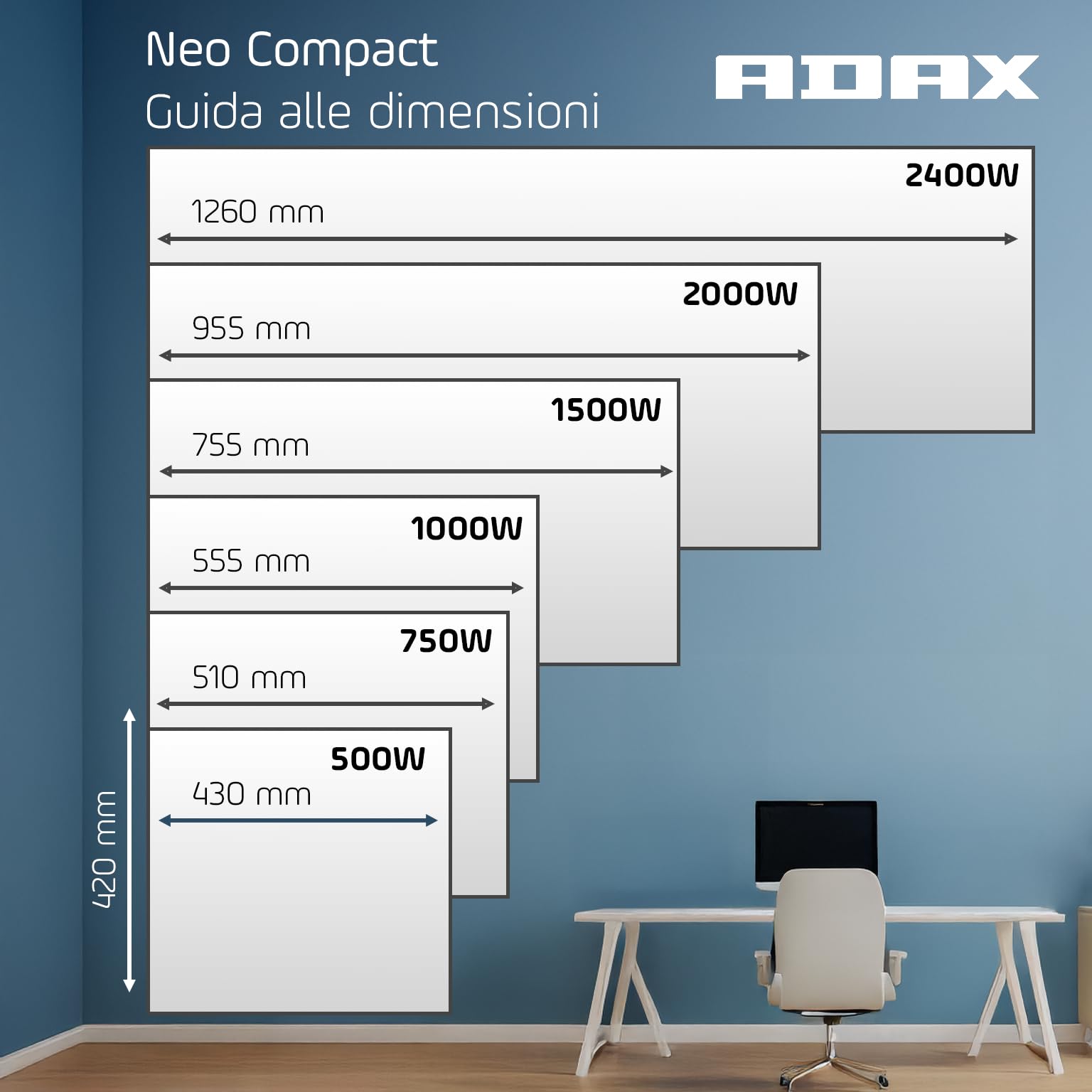 Adax Neo Compact - Convettore da parete intelligente WiFi - 1500W | Controllo smartphone | Stufetta elettrica basso consumo bagno | Scaldino Elettrico | Altezza 420 mm | Bianco KWT | IP24C