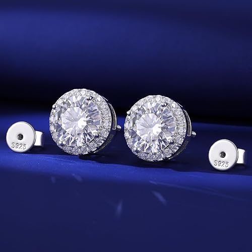 Miniatura 7 de Aretes de halo de moissanita con cierre de tuerca de 0.2-8.0 quilates, 0.118-0.394 in, chapado en oro blanco de 18 quilates, plata de ley 925, de