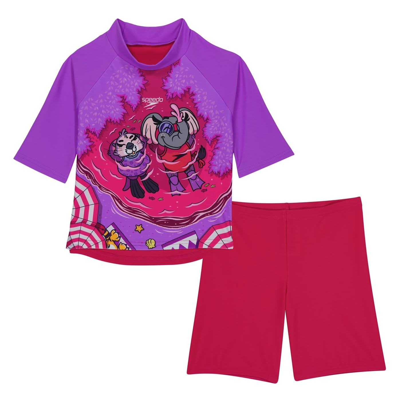 Speedo Girls Learn to Swim Sun Protection Top & Shorts | Junior Girls | Holiday Wear | UV Protection Swimwear, Cherry Pink/Sweet Taro, 9-12M