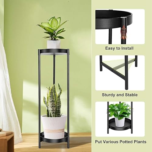 Miniatura 4 de Soporte para Plantas de Interior y Exterior CEFZUM, Soporte de 2 Niveles de 24" de Altura en Negro para Macetas de Flores, Estante de Metal