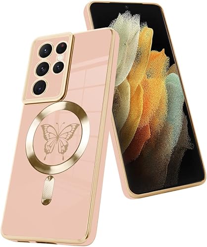 Fiyart Funda magnética para Samsung S21 Ultra compatible con carga inalámbrica, bonita funda de teléfono de mariposa con protección de lente de