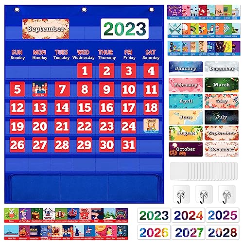 Monthly Calendar Pocket Chart with 114 Cards for Kids Learning, Kids Calendar for Kindergarten Preschool Home Classroom School Supplies Suitable for Ages 3+ Boys Girls Homeschooling - Blue