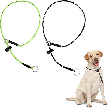 26" Dog Slip Collar 5/32" Paracord Rope Dog Collar with Spring-Loaded Stopper & Stainless Steel O-Ring, Reflective for Low-Light Visibility Black & Neon Green