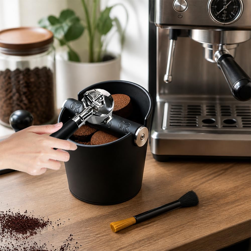 Abklopfbehälter für Siebträger, Espresso Kaffeesatz Abschlagbehälter mit Abnehmbarer Knock Bar und Bürste, Knock Box Espresso für ABS, Rutschfeste Gummibasis, Siebträger zubehör