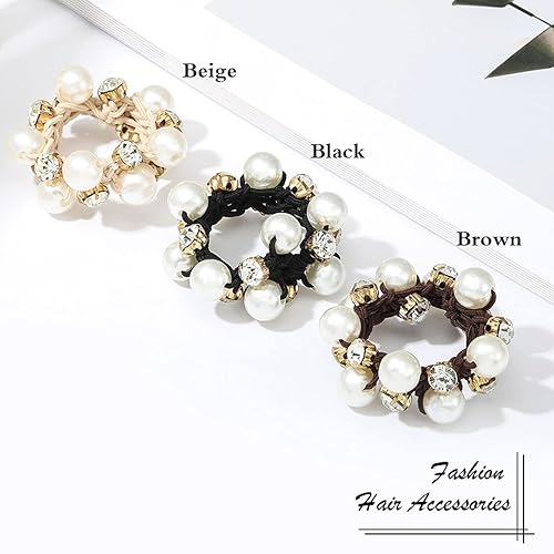 Miniatura 2 de Brinie Lazos para el cabello elásticos negros para el cabello, bandas para el cabello con perlas, cuerdas de cristal para el cabello, accesorios