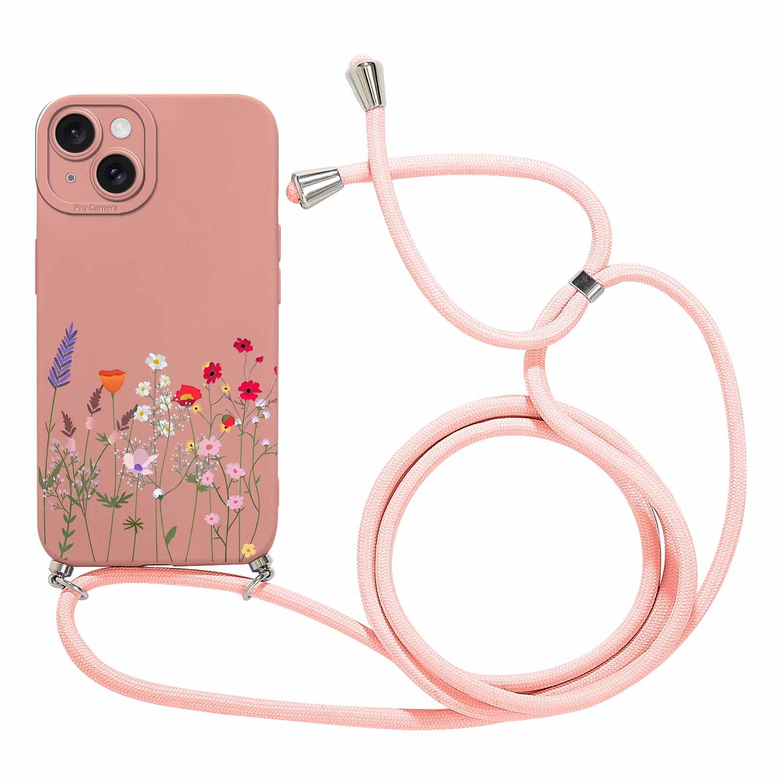 Funda Con Cuerda Para IPhone 16 Plus 6.7" - Carcasa Transparente De Silicona TPU Con Diseño De Flores, Correa Ajustable De 150 Cm, Antichoque Y Antiaarañazos