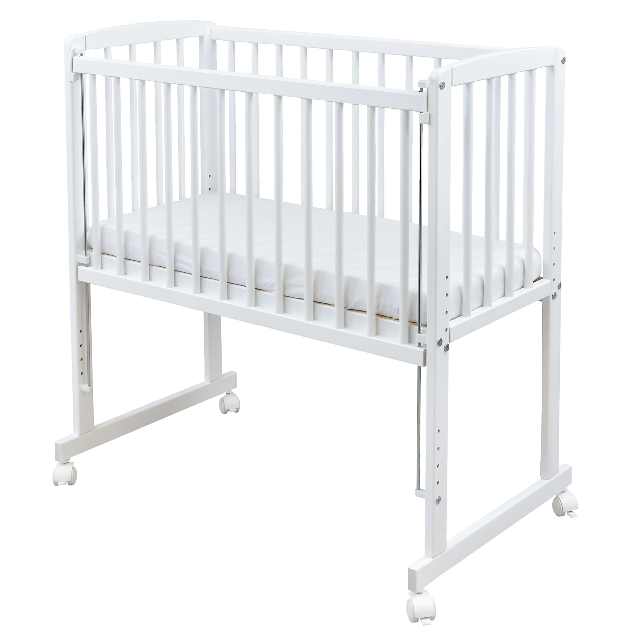 Baby Beistellbett weiß 90x40 cm höhenverstellbar mit Rädern und Matratze inkl. Kuscheltier Teddy