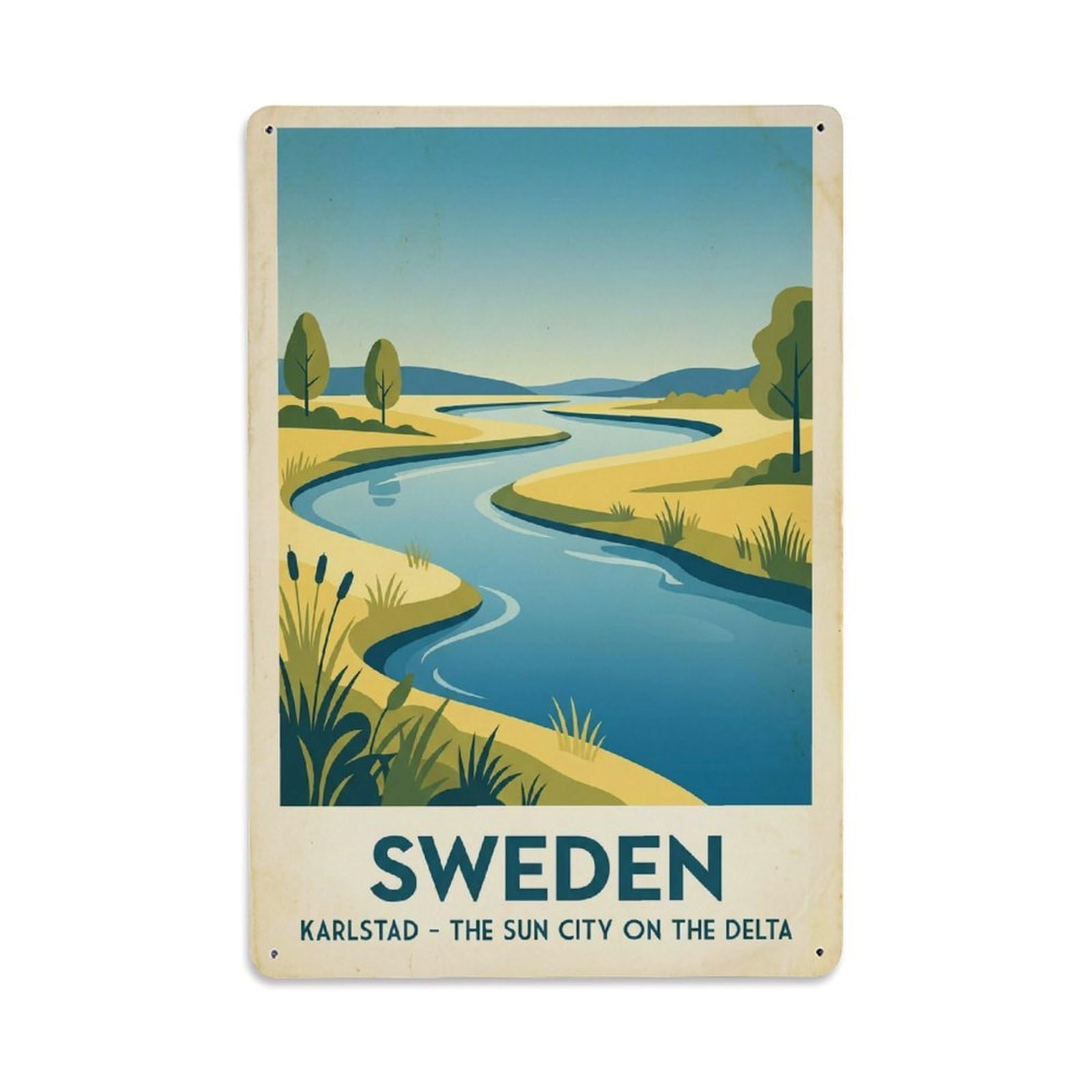 Vintage Travel Karlstad Sweden River Metal Tin Sign