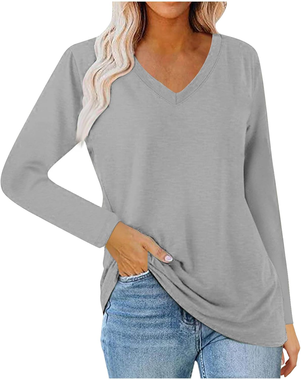 Long Sleeve Shirts for Women V Neck Basic Tops Dressy Casual Business Blouses Solid Color Fall Clothes Outfits
