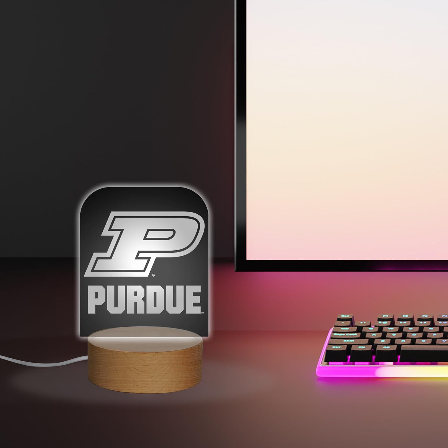 Rico Industries NCAA Purdue Boilermakers Team Logo LED Desk Light Up Sign, 7 Color Changing LED Night Light, Wood Base with USB Cord Included, Ideal for Home and Desktop Decoration