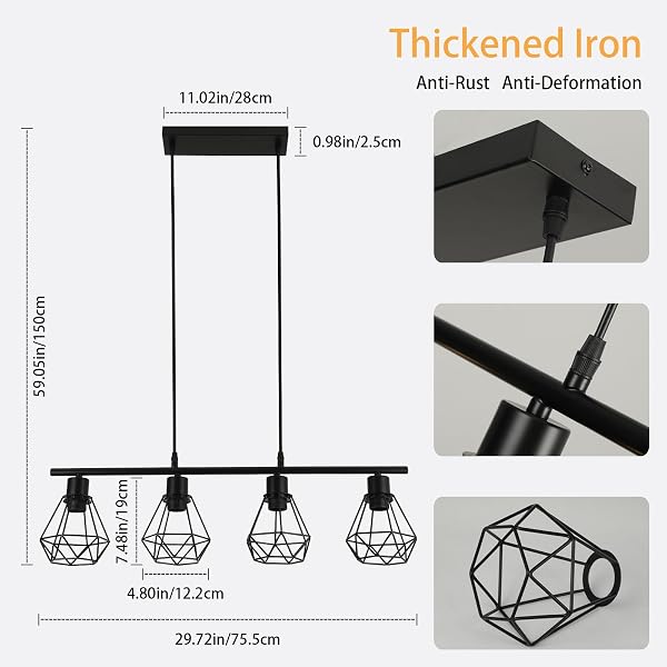 Pendant Light Dining Table 4 Bulbs Dining Room Lamp Black Metal Pendant Lamp E27 Dining Table Lamp Hanging Light Height Adjustable Industrial Vintage Dining Table Lamp Hanging Kitchen - 4