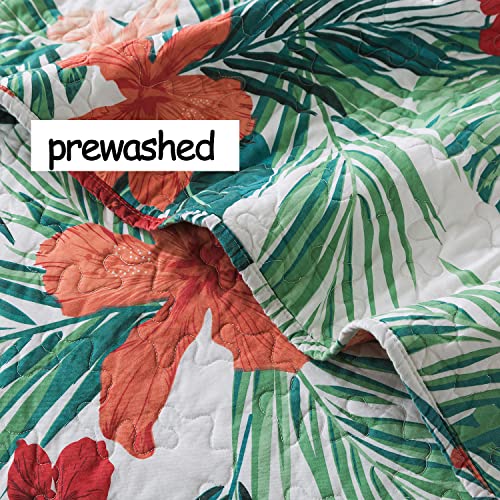Fadfay Green Floral Cotton Quilt Sets Queen Tropical Palm Leaf Bedspreads Coverlet, 90X98'' Colorful Red Hibiscus Flower Pattern Lightweight Comforter Set Summer, 2 Pillow Shams, 3 Pieces #TOP4
